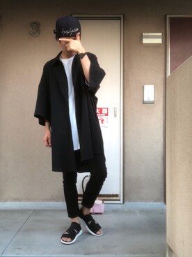 「Yohji Yamamoto（ヨウジヤマモト）のアイテム（キャップ、ブラック系）」を使った、shige   Dolla  ＄ignさん（メンズ・175cm）の夏コーディネート