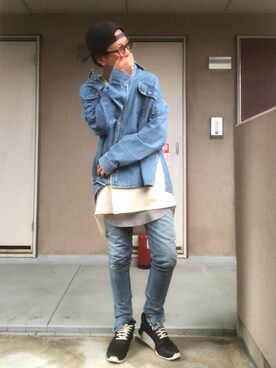 「Fear of God Los Angeles（フィアーオブゴッドロサンゼルス）のアイテム（デニムジャケット、ブルー系）」を使った、shige   Dolla  ＄ignさん（メンズ・175cm）の秋コーディネート
