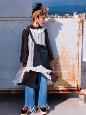 「LOWRYS FARM（ローリーズファーム）のバンドカラーロングシャツＬS　931703（シャツ/ブラウス、ホワイト系）」を使った、yukaさん（レディース・153cm）の秋コーディネート