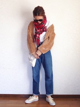 「赤チェック」｜「アイテム（ブルゾン）」を使った、みーさん（レディース・171cm）の秋コーディネート