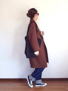 「アイテム（ピーコート、ブラウン系）」を使った、みーさん（レディース・171cm）の冬コーディネート