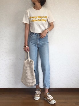 「MOUSSY（マウジー）のMV JW Tapered（デニムパンツ）」を使った、みーさん（レディース・170cm）の夏コーディネート