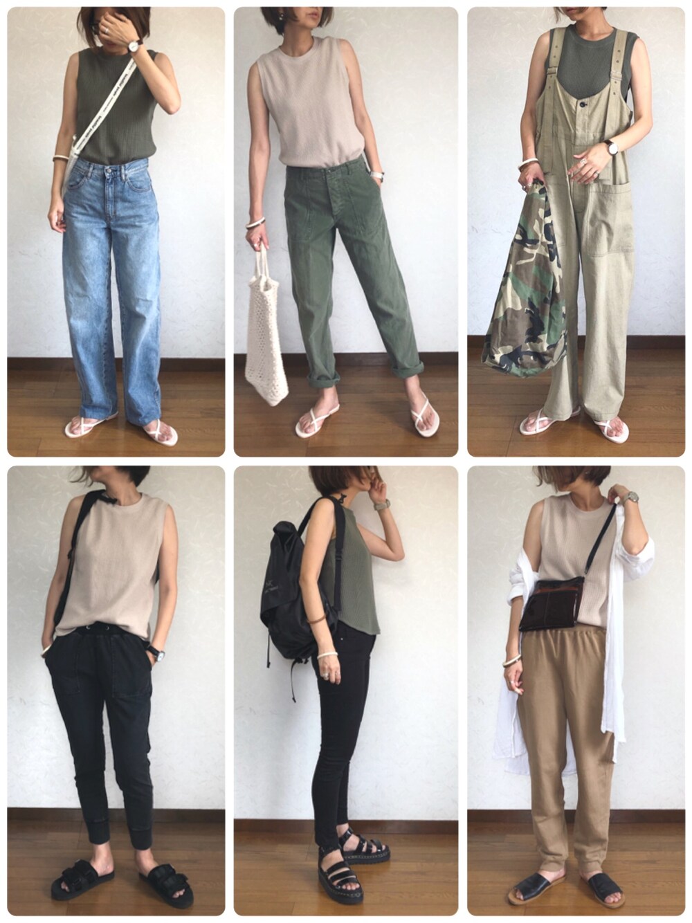 グリーン系のTシャツ/カットソー、グリーン系のサロペット/オーバーオール、ブラウン系のその他パンツを着用したレディースの夏コーディネートの1枚目の写真