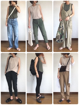 「ワッフルクルーネックＴ」｜「アイテム（オールインワン・サロペット）」を使った、みーさん（レディース・170cm）の夏コーディネート