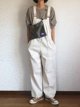 「ワッフルクルーネックＴ」｜「アイテム（オールインワン・サロペット）」を使った、みーさん（レディース・171cm）の秋コーディネート