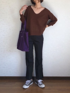 「UN3D.（アンスリード）のオリガミプリーツトート（トートバッグ）」を使った、みーさん（レディース・171cm）の秋コーディネート