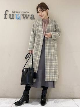 「Green　Parks（グリーンパークス）のアイテム（ノーカラーコート）」を使った、SAKAWAさん（レディース・161cm）の冬コーディネート