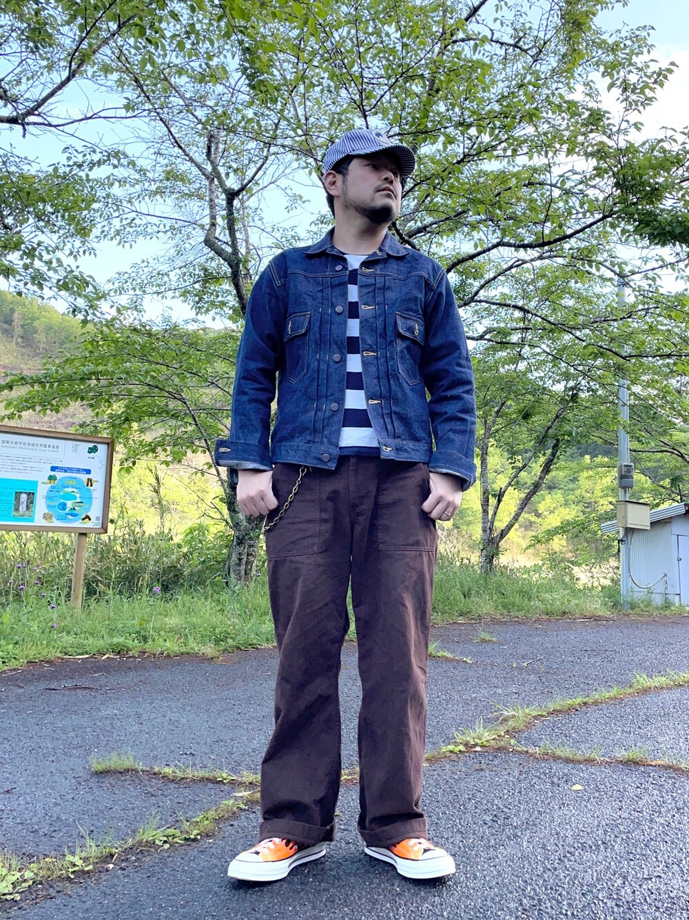 「アメカジ、デニムジャケット、ボーダー、ct70、キャップ」｜「HEAD LIGHTのアイテム（デニムジャケット、ブルー系）」を使った、aliasremix0210さん（メンズ・175cm）の春コーディネートの1枚目の写真
