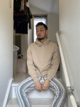 「H&M（エイチ・アンド・エム）のアイテム（パーカー、ベージュ系）」を使った、#daikiさん（メンズ・173cm）の春コーディネート