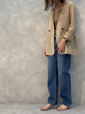 「クリアサンダル」｜「アイテム（ノーカラージャケット）」を使った、おかじ(ま)さん（レディース・159cm）の春コーディネート
