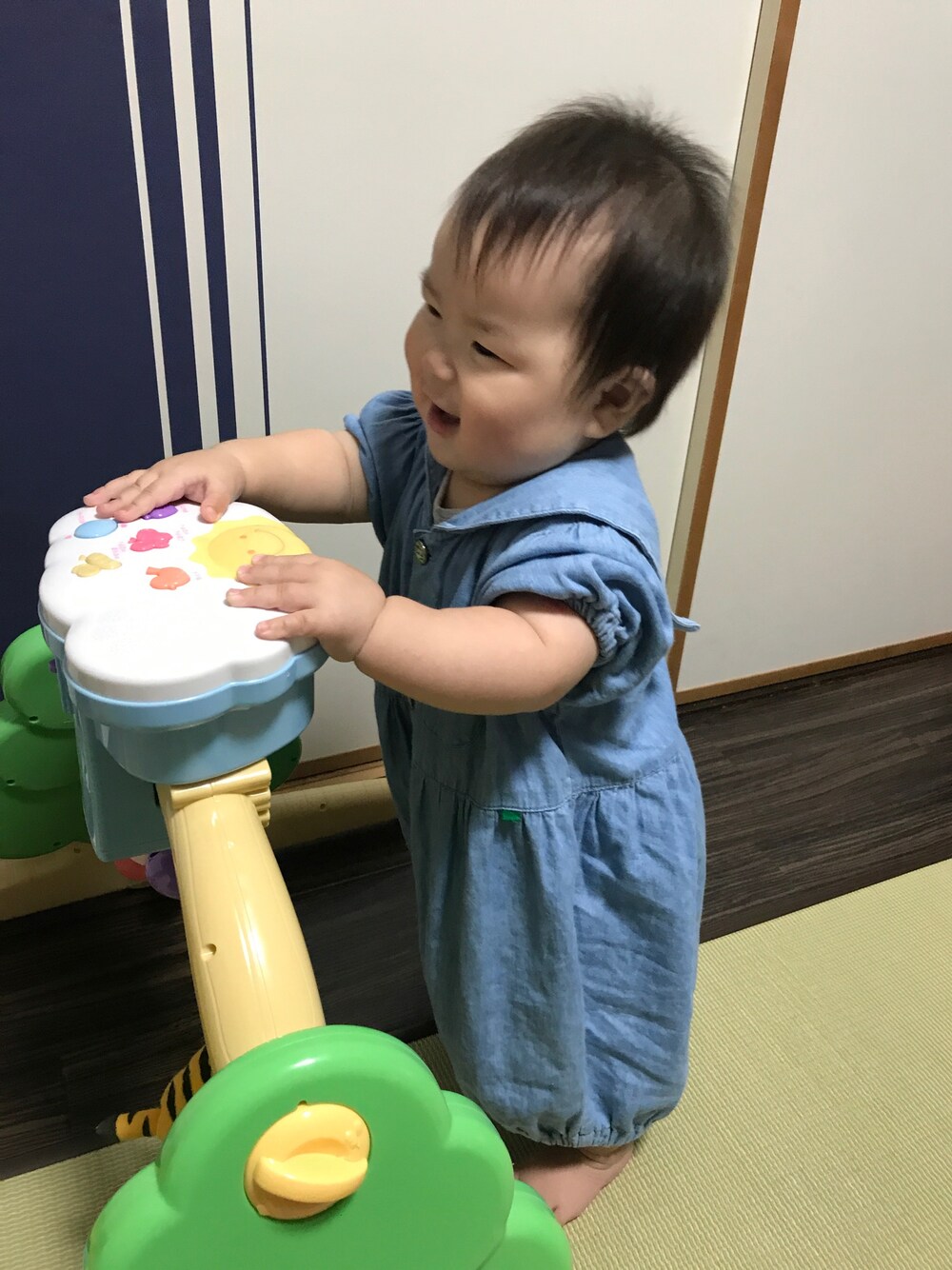 「生後9ヶ月、生後289日、ベビーコーデ、ベビー、キッズコーデ、キッズファッション、赤ちゃん、女の子、おんなのこ」｜「COTTON DREAMのアイテム（ロンパース、ブルー系）」を使った、ぶうさん（キッズ・80cm）の夏コーディネートの1枚目の写真
