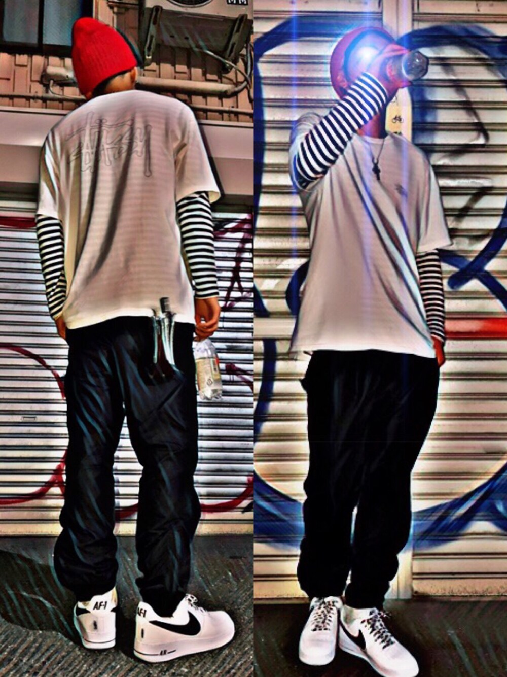 「supreme、street、stussy、ELVIRA、スニーカー、airforce1、NIKE、美容師、codysanderson」｜「Supreme のアイテム（ニットキャップ/ビーニー、レッド系）」を使った、KAIさん（メンズ・179cm）の秋コーディネートの1枚目の写真