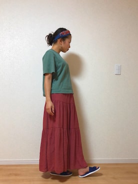 「UNIQLO（ユニクロ）のクロップドクルーネックＴ（半袖）（Tシャツ/カットソー、グリーン系）」を使った、asatoh19さん（レディース・157cm）の夏コーディネート