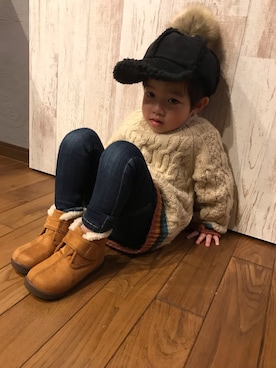 「もこもこキャップ」｜Maaamiさん（キッズ・90cm）の秋コーディネート