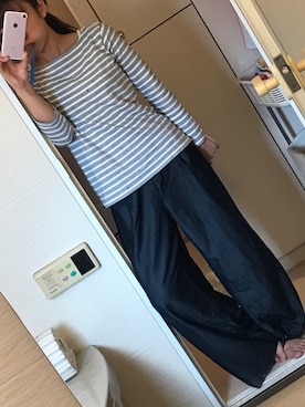 「UNIQLO（ユニクロ）のボーダーボートネックT（長袖）（Tシャツ/カットソー、ホワイト系）」を使った、a__m54さん（レディース）の秋コーディネート