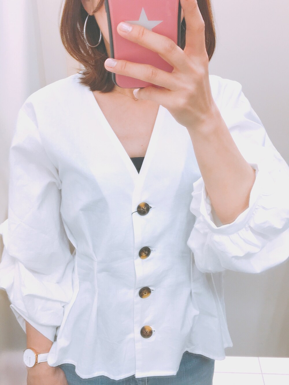 「しまむらのアイテム（シャツ/ブラウス、ホワイト系）」を使った、Cさん（レディース・155cm）の夏コーディネートの1枚目の写真