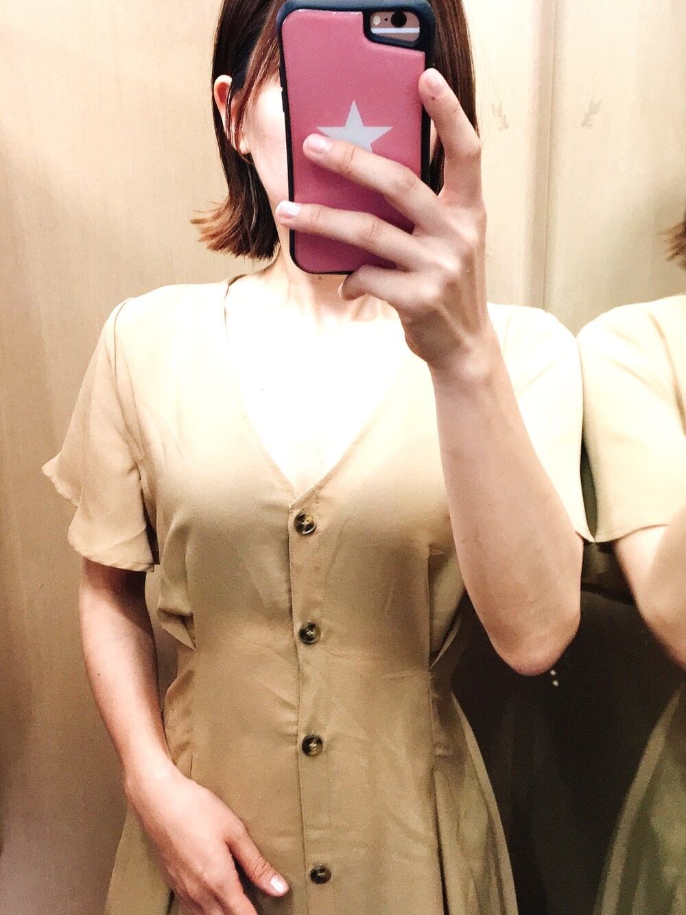 「しまむらのアイテム（ワンピース/ドレス、ベージュ系）」を使った、Cさん（レディース・155cm）の夏コーディネートの1枚目の写真