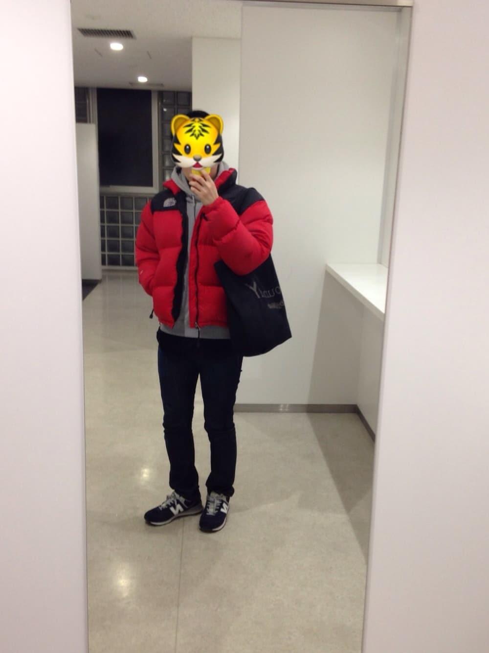 「ダウンジャケット、デニム、スニーカー、パーカー、THE NORTH FACE、wiffle、LEE、New Balance、トートバッグ」｜「ground Yのアイテム（トートバッグ、ブラック系）」を使った、メジロマックイーン🐴さん（メンズ・177cm）の冬コーディネートの1枚目の写真