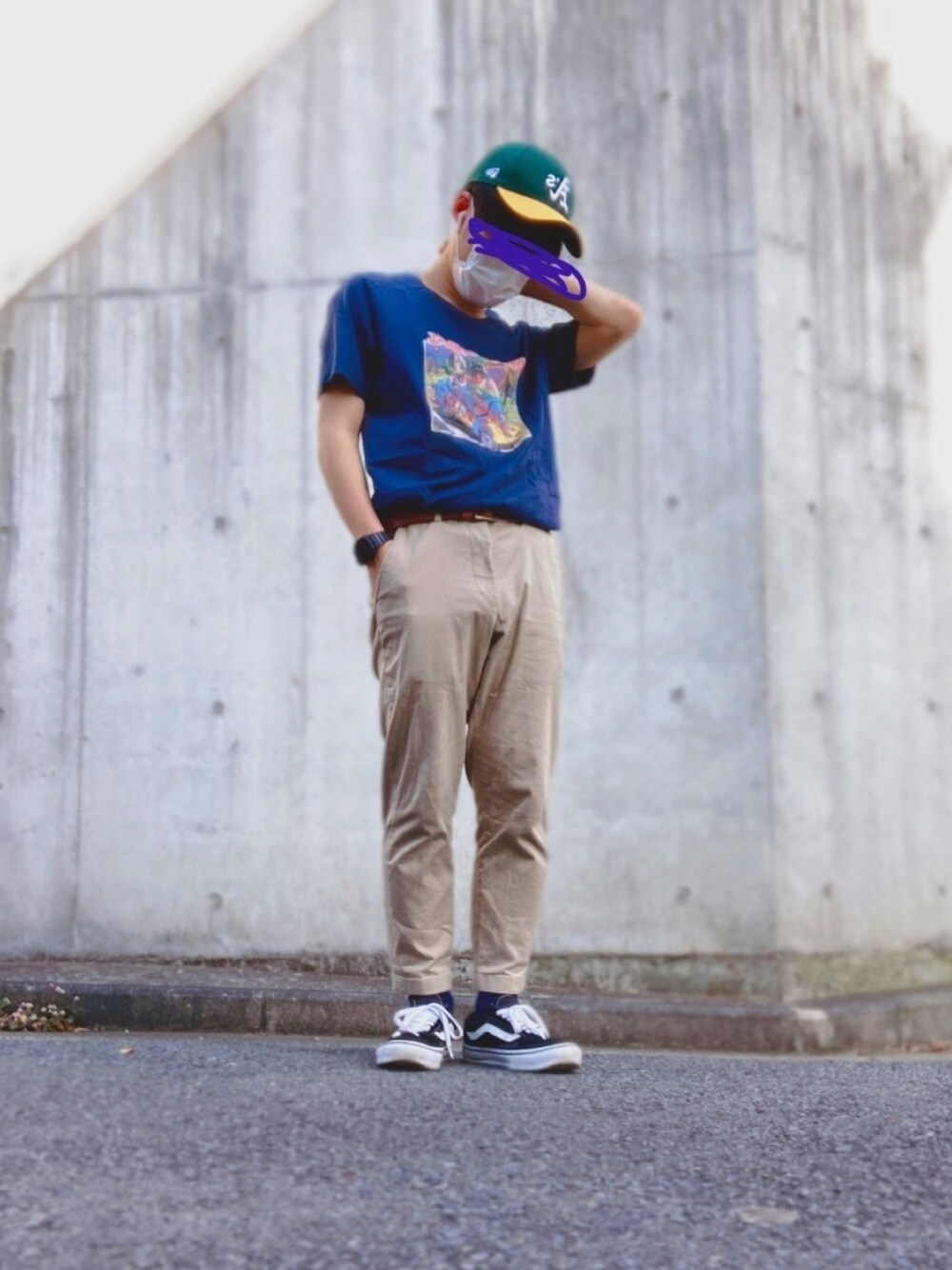 「カジュアル、休日スタイル、ラフ、夏コーデ、Tシャツ、DragonBall、ドラゴンボール、GU、UNIQLO、鳥の声」｜「NEW ERAのアイテム（キャップ、グリーン系）」を使った、bird voiceさん（メンズ・170cm）の春コーディネートの1枚目の写真