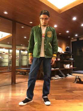 「hystericglamour」｜「アイテム（スタジャン）」を使った、DUKASHUNさん（メンズ・175cm）の秋コーディネート