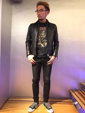 「hystericglamour」｜「アイテム（ライダースジャケット）」を使った、DUKASHUNさん（メンズ・175cm）の秋コーディネート