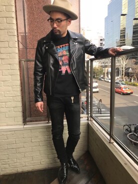 「hystericglamour」｜「アイテム（ライダースジャケット）」を使った、DUKASHUNさん（メンズ・175cm）の冬コーディネート