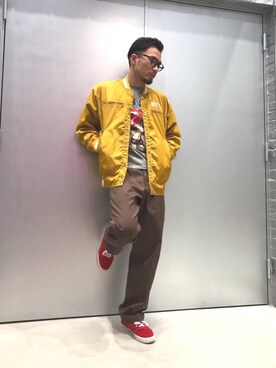 「コラボレーション」｜「アイテム（スタジャン）」を使った、DUKASHUNさん（メンズ・175cm）の冬コーディネート