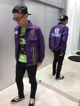 「レーシングジャケット」｜「アイテム（デニムパンツ）」を使った、DUKASHUNさん（メンズ・175cm）の春コーディネート
