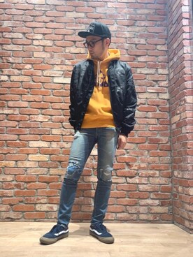 「HYSTERIC GLAMOUR（ヒステリックグラマー）のHYS WHISKY柄 刺繍キャップ（キャップ）」を使った、DUKASHUNさん（メンズ・175cm）の秋コーディネート