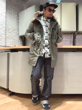 「HYSTERIC GLAMOUR（ヒステリックグラマー）のHYS WHISKY柄 刺繍キャップ（キャップ）」を使った、DUKASHUNさん（メンズ・175cm）の冬コーディネート