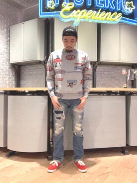 「HYSTERIC GLAMOUR（ヒステリックグラマー）のHYS WHISKY柄 刺繍キャップ（キャップ）」を使った、DUKASHUNさん（メンズ・175cm）の冬コーディネート