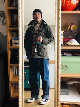 「Barbour（バブアー）のアイテム（ライダースジャケット）」を使った、Da镇さん（メンズ・170cm）の春コーディネート