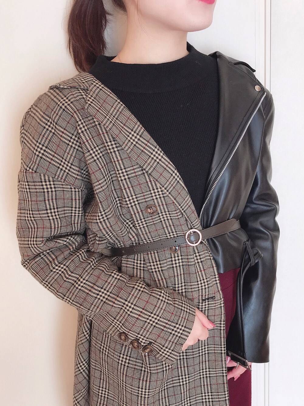「冬コーデ、個性派、アウター、ジャケット、ライダース、earth music&ecology、SENSEOFPLACE、チェック、プチプラ、おしゃれさんと繋がりたい」｜「audreyのアイテム（テーラードジャケット、その他）」を使った、𝓼𝓱𝓲𝓸さん（レディース・157cm）の冬コーディネートの1枚目の写真