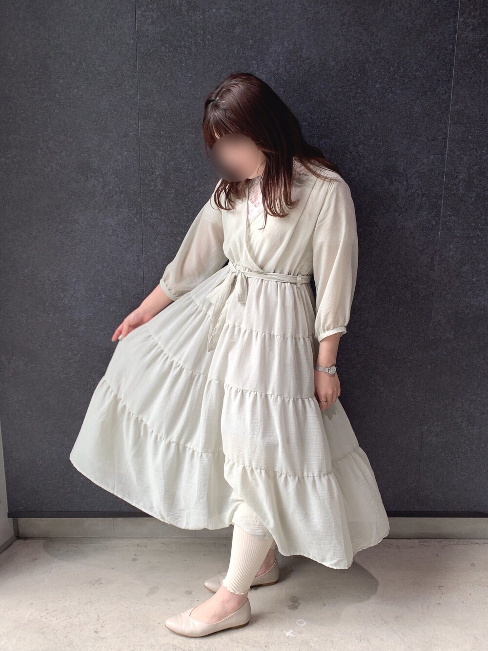 「ワンピース、ライトグリーン、ミントグリーン、春コーデ、春、カシュクール、earth music&ecology、ORiental TRaffic(ORiental TRaffic)、渋谷、平成最後のWEARISTAセンバツ」｜「earth music&ecologyの・カシュクールティアードワンピース 〇（ワンピース、グリーン系）」を使った、𝓼𝓱𝓲𝓸さん（レディース・157cm）の春コーディネートの1枚目の写真