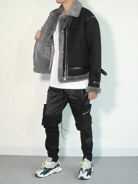 「OFF-WHITE」｜「アイテム（ライダースジャケット）」を使った、Urkoolwearさん（メンズ・178cm）の冬コーディネート