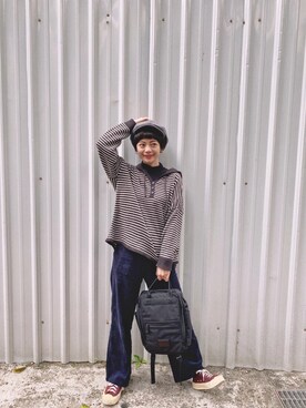 「アイテム（スリッポン、パープル系）」を使った、Ginger さん（レディース・160cm）の冬コーディネート