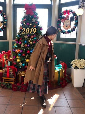 「赤チェック」｜「アイテム（ダウンジャケット/コート）」を使った、chiyukiさん（レディース・154cm）の冬コーディネート