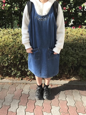 「デニムワンピース」｜「アイテム（オールインワン・サロペット）」を使った、chiyukiさん（レディース・154cm）の春コーディネート