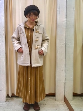 「ストライプワンピース」｜「アイテム（ダッフルコート）」を使った、satomiさん（レディース・152cm）の冬コーディネート