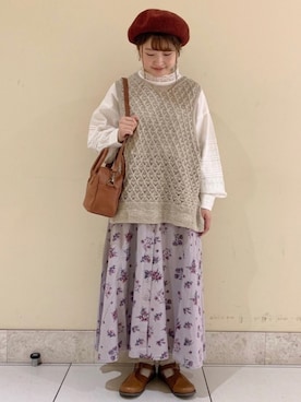 「レースブラウス」｜「アイテム（ハンチング/ベレー帽）」を使った、satomiさん（レディース・152cm）の秋コーディネート