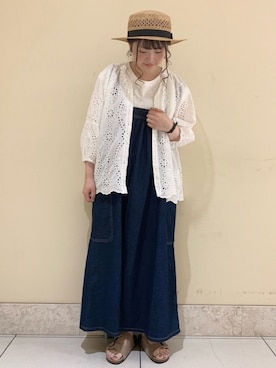 「カンカン帽」｜「アイテム（ジャンパースカート）」を使った、satomiさん（レディース・152cm）の春コーディネート