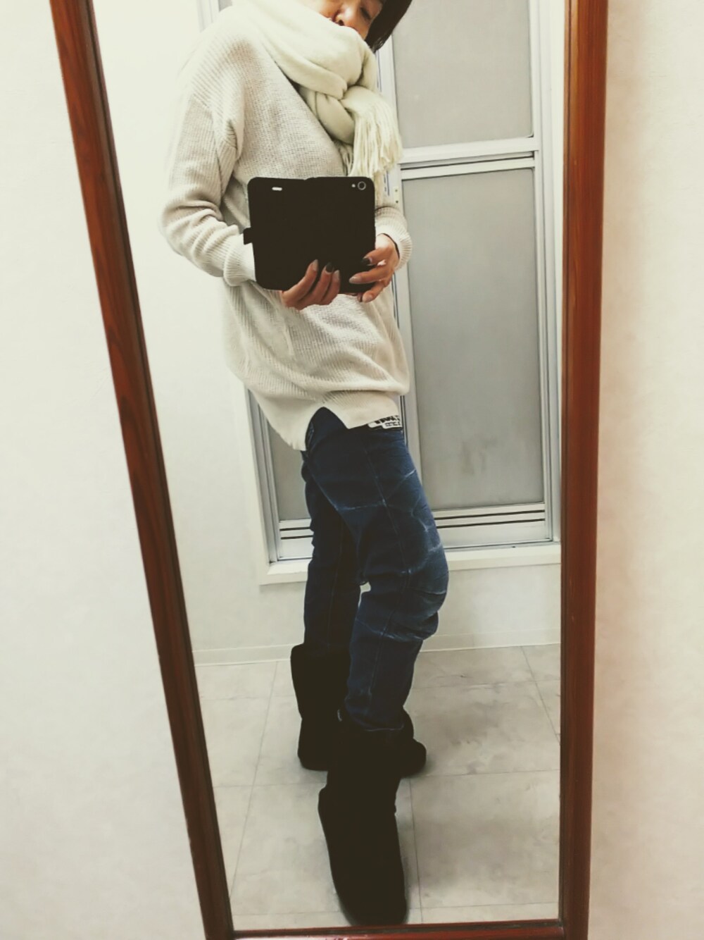「BA-TSUのアイテム（デニムパンツ、ブルー系）」を使った、ribenjicyanさん（レディース・157cm）の秋コーディネートの1枚目の写真