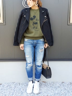 「Design Tshirts Store graniph（デザイン　ティーシャツ　ストア　グラニフ）のアイテム（ライダースジャケット）」を使った、ayumiさん（レディース・154cm）の冬コーディネート
