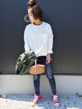 「TIMEX（タイメックス）のTIMEX ヌバックベルト（アナログ腕時計）」を使った、ayumiさん（レディース・154cm）の春コーディネート