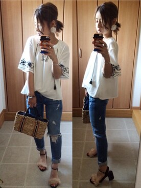 「niko and...（ニコアンド）のオリジナル ミニラインテープカゴバッグ【niko and...】（かごバッグ）」を使った、ayumiさん（レディース・154cm）の春コーディネート