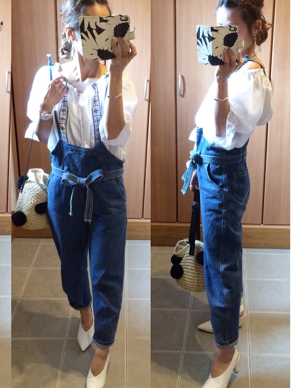 ベージュ系のかごバッグ、ホワイト系のシューズ、ホワイト系のシャツ/ブラウスを着用したレディースの夏コーディネートの1枚目の写真