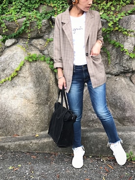 「Ungrid（アングリッド）のインディゴフレイドヘムストスリ（デニムパンツ）」を使った、ayumiさん（レディース・154cm）の秋コーディネート