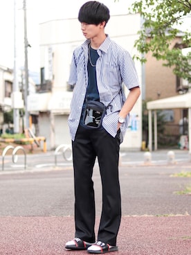 「RYO TAKASHIMA（リョウタカシマ）のアイテム（スラックス）」を使った、Suzuさん（メンズ・182cm）の夏コーディネート