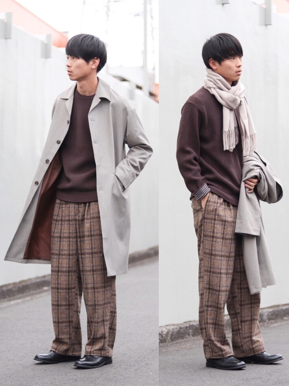 「スラックス、ステンカラーコート、ベージュ、ブラウン、ニット、RAGEBLUE、チェックパンツ、INTERFACTORY、CASPER JOHN、マフラー」｜「INTER FACTORYのINTER FACTORY　T/Rオープンカラーステンカラーコート（ステンカラーコート、ベージュ系）」を使った、Suzuさん（メンズ・182cm）の秋コーディネートの1枚目の写真