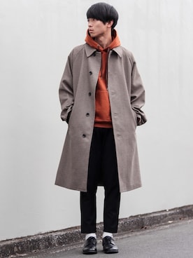 「アイテム（ステンカラーコート）」を使った、Suzuさん（メンズ・182cm・20代）の冬コーディネート